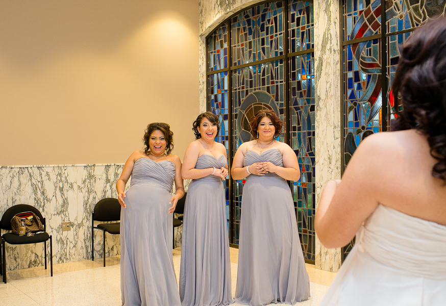 Bridesmaids first look with the bride to be at Santa Monica church. 