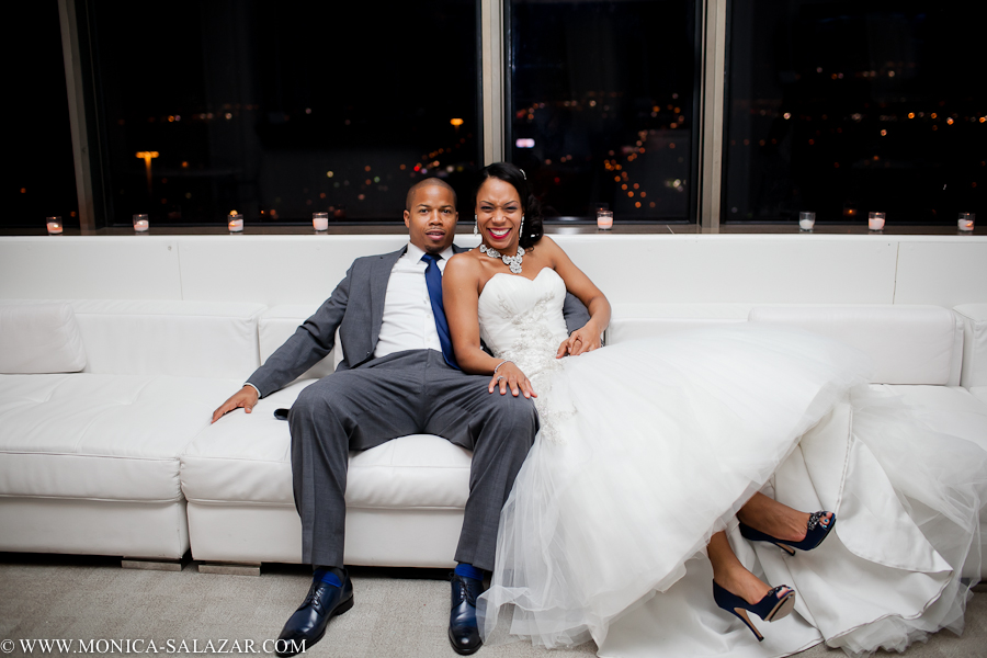 Bride and groom pose for a wedding portrait during their wedding reception at the Orion Ballroom in Dallas Texas.